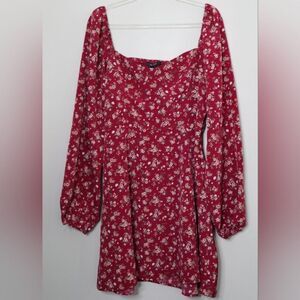 Forever 21 Red Square Neck Bishop Long Sleeve Midi Floral Dress Large